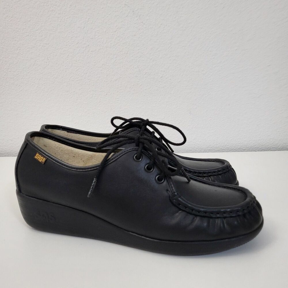 SAS Bounce Women 10.5 W Wide Width Black Leather Comfort Shoe Moccasins Walking